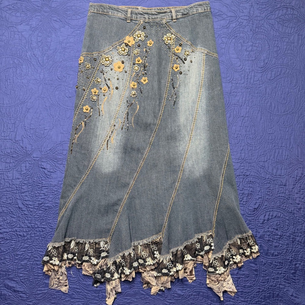 Y2K Fairycore Goth Denim Maxi Skirt Beaded Floral Lace Ruffle Boho Whimsigoth XL